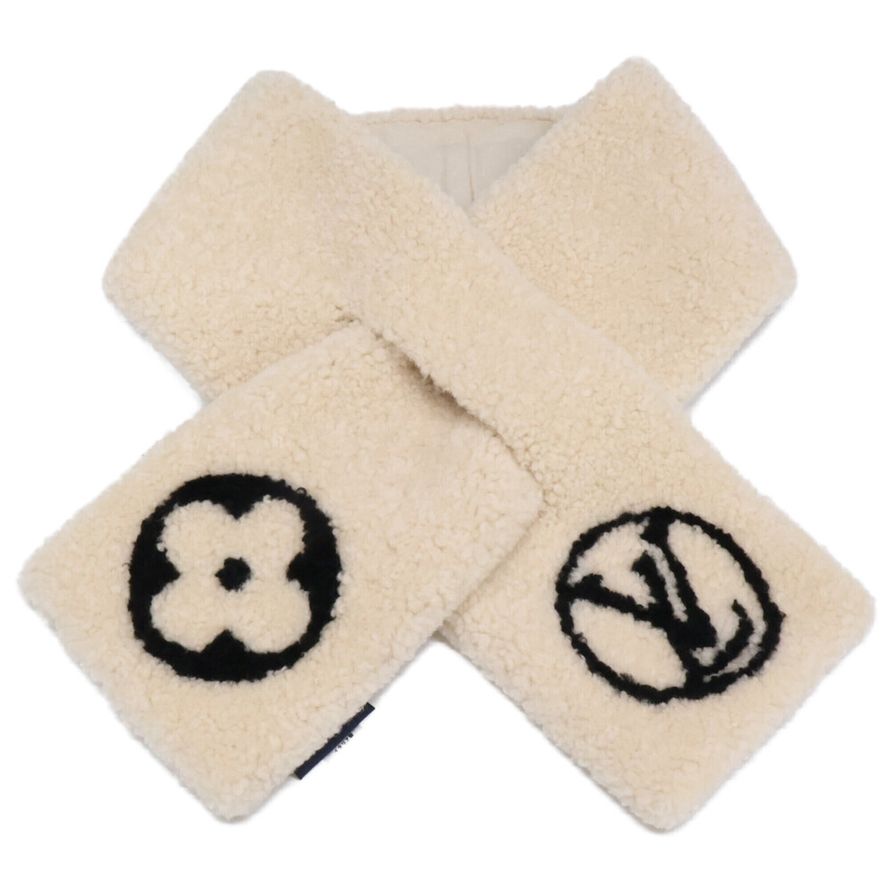LOUIS VUITTON M76452 Echarpe Shirring Lamb Tippet Stole Scarf Ivory Black Wom...